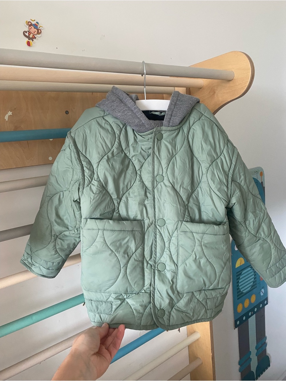 Zara Kids Quilted Puffer Jacket in Sage Green with Gray Hood